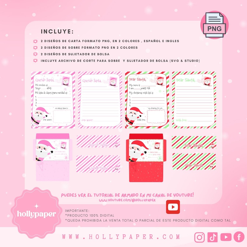 May include: Christmas letter and envelope templates in pink and red.  Includes two designs each of letters, envelopes, and bag toppers in PNG and SVG formats.  Spanish and English text is visible.  Digital product.  Hollypaper branding.