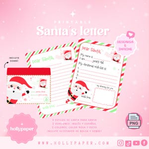 May include: Printable Santa letter templates in pink and red.  Includes two letter styles, English and Spanish versions.  Features cute Santa illustrations and space for a Christmas wish list and drawing.  A matching envelope is also included.  Download and print.  Hollypaper.com
