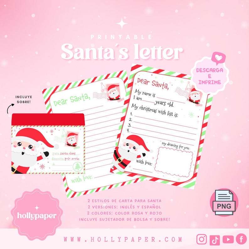 May include: Printable Santa letter templates in pink and red.  Includes two letter styles, English and Spanish versions.  Features cute Santa illustrations and space for a Christmas wish list and drawing.  A matching envelope is also included.  Download and print.  Hollypaper.com