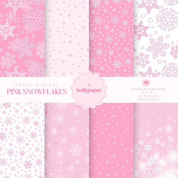 Papel digital de Navidad, Pink Christmas Digital Paper, Pink Snowflakes Paper, Papel digital navidad rosa,