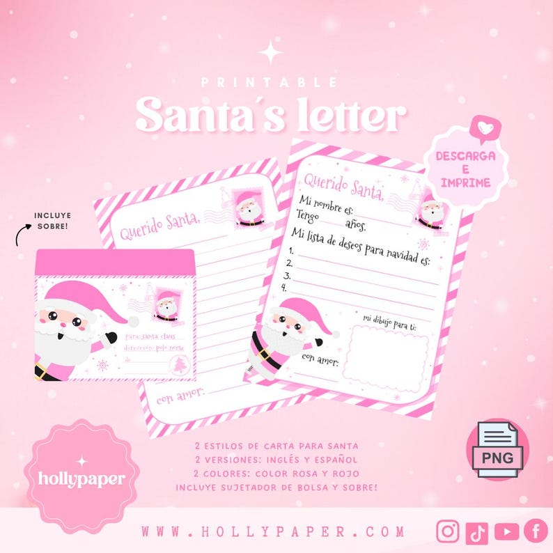 May include: Printable pink Santa letter templates in English and Spanish.  Includes two styles, a letter and envelope, with space for a drawing.  Features cute Santa illustrations and striped design elements.  Download and print instructions are included.  The text 'Querido Santa' is visible on the letter.  PNG file format.