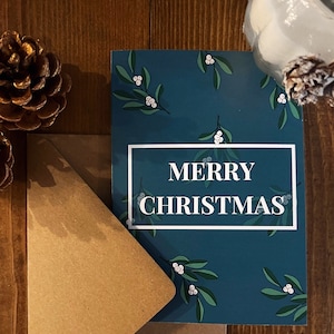 Cartolina di Natale vischio - Biglietto festivo, Cartolina di Natale botanica, Cartolina di Natale illustrata, Floreale di Natale, Cartolina di Natale di lusso
