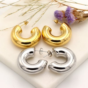 18K Gold hoops earrings, handmade jewelry for her, anti tarnish Hoop Earrings thick huggie earrings waterproof hypoallergenic steel earrings