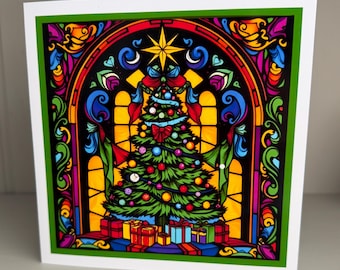 Stained Glass Pop Art Christmas Card, Retro Design, Vintage Xmas
