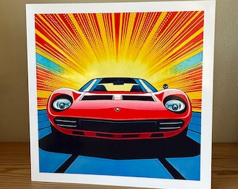 Pop Art Lamborghini Miura Card: Bold Car Enthusiast Gift