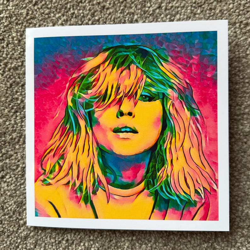 Debbie Harry greeting card in bold pop art style, inspired by Blondie and the 1980s punk rock scene. This colorful retro card features a striking portrait of the music icon, perfect for birthdays, music-themed gifts, or unique fan memorabilia. A stylish pop culture card for Blondie lovers, rock fans, and anyone who appreciates edgy artwork and alternative stationery with a vibrant, collectible feel.