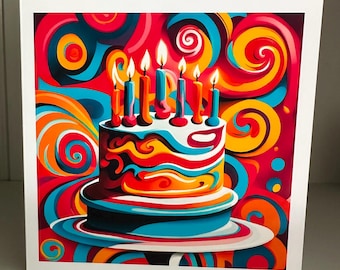 Pop Art Birthday Cake Card: Psychedelic Retro Party Design