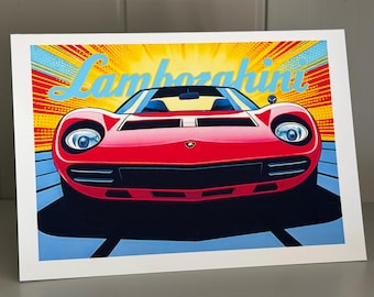 Lamborghini Miura Pop Art Greeting Card: Retro Car Gift