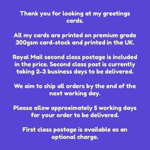 May include: Text on a purple background reads: "Thank you for looking at my greetings cards." Additional text describes the cards being printed on premium 300gsm card-stock in the UK. Other text mentions shipping and delivery times.