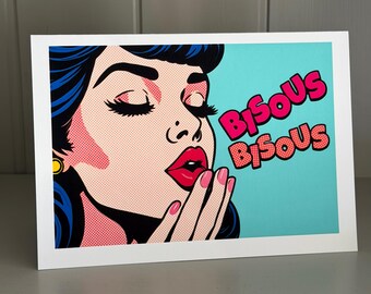 Pop Art Kisses : Chic Colourful Greeting Card, Retro Design, Blank Inside