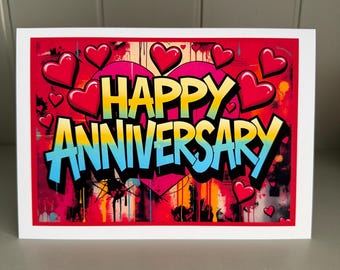 Happy Anniversary Card, Graffiti Pop Art Greeting, Hearts