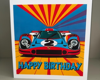 Pop Art, Porsche 917, Birthday Card: Classic Car Lover, Colourful Retro Design