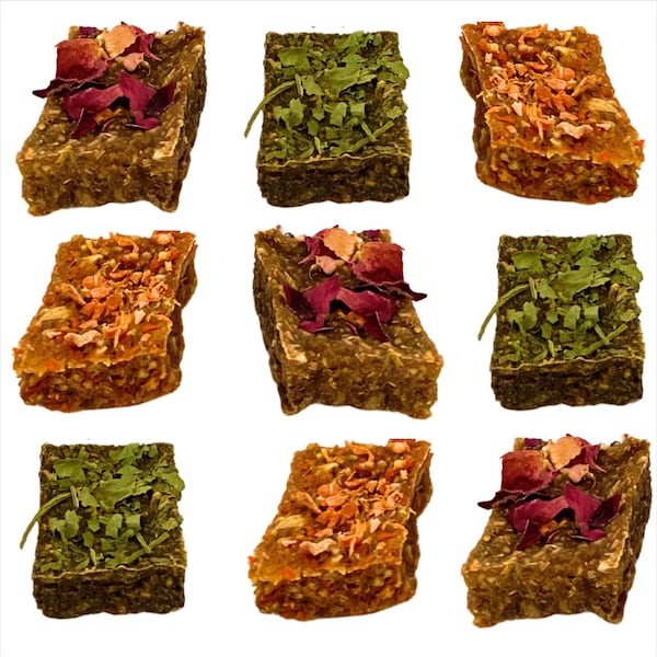 Oat based carrot, cilantro and strawberry rose petal treats for rabbits, chinchillas, guinea pigs, hamsters, gerbils, mice and rats