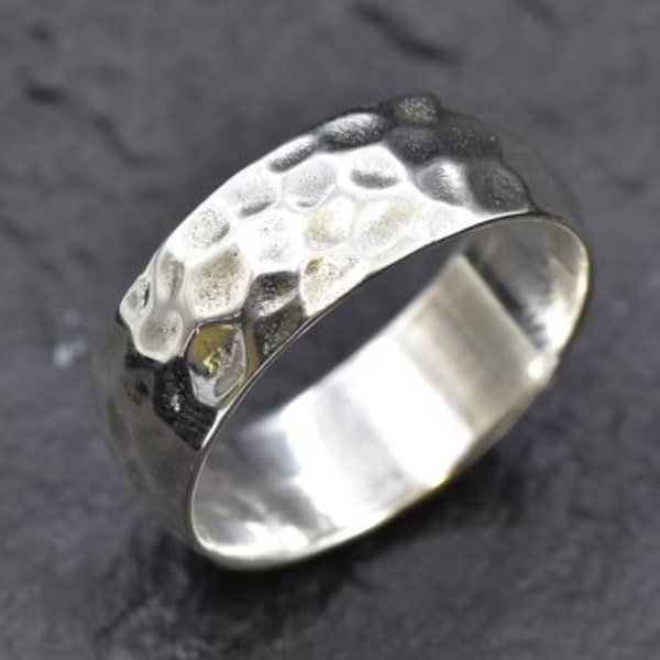 Bague en argent bombée lourde, anneau martelé en argent sterling massif 925, anneau de pouce tendance, cadeau pour femme, anneau large et épais, alliance