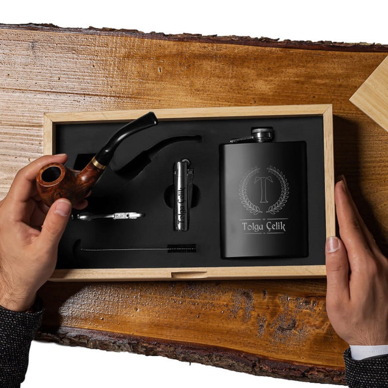 Name Custom Wooden Boxed Pipe shops and Flask Set