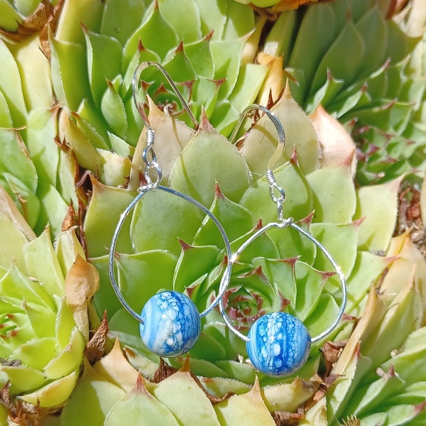 Earrings, handmade glass beads, blue, sterling silver, drop,