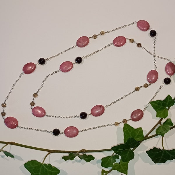 Rhodonite, garnet and smokey quartz long necklace