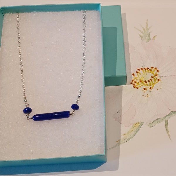 Handmade,blue, lampwork glass beads, sterling silver chain