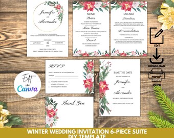 Winter Wedding Invitation Suite| Editable Template| Canva| Instant Download| Printable| 6-Piece Set| Printable| Christmas Wedding| RSVP