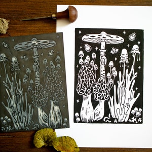 Original &#39;Life&#39; mushroom linocut print - hand-pressed block print depicting a mushroom forest - nature, forest, fungi, handmade, stars