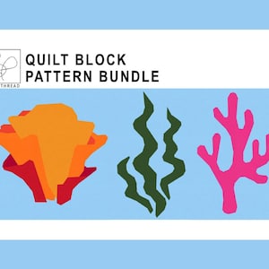 May include: A quilt block pattern bundle featuring three designs: a layered orange and red flower, green seaweed, and pink coral. The text "QUILT BLOCK PATTERN BUNDLE" is displayed above the designs.