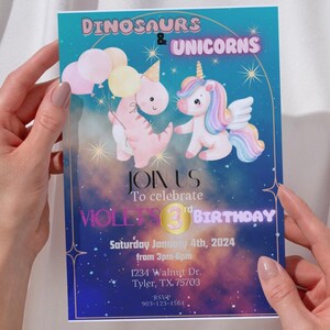 Bearbeitbares Einhorn und Dinosaurier Einladung Vorlage Geburtstag einladen Gemeinsame Geburtstagsparty-Mystische Party Digitale Einladung-Instant Download