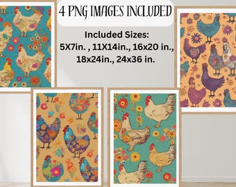 VTG Floral Chicken Wallpaper | Farmhouse Chicken Digital Art | Colorful Hen Seamless Pattern PNG | Rustic Farm Animal Wall Decor 4 images