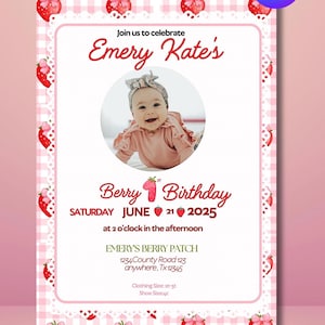 Berry First Birthday Invitation Template | Strawberries 1st Birthday Invite for Girls | Editable Canva Birthday Party Printable