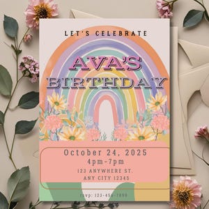 Editable Rainbow Birthday Invitation | Boho Floral Pastel Kids Birthday Invite | Girls Birthday Digital Download | Instant Download PDF/PNG