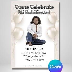 Op de afbeelding: Een uitnodiging voor een feestje met de tekst "Come Celebrate Mi Bukifiesta!" met een foto van een man, witte ballonnen en evenementdetails. De uitnodiging bevat de datum, tijd en locatie.