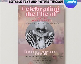 Editable Funeral Invitation Template  Celebration of life Flyer, Pink Gold Memorial Service Announcement Printable Obituary Instant Download