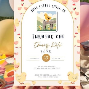 This Little Chick Is One Invitation - Editable 1st Birthday Invite for Girls - Digital Download - Baby Chick Party - Canva Template