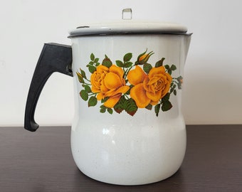 Vintage Porzellan-Emaille-Krug für Flüssigkeiten, Vintage-Metallkrug mit Deckel und Bakelit-Griff, Krug mit Blumenmotiven, Küchendekoration, Geschenk