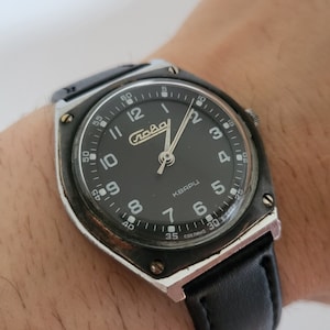Vintage Soviet Men's Slava Quartz Wristwatch,Mid 80's Collectable Russian Watch with Two Level Black Dial,Measuring 39*42*11mm,For Him,Gift