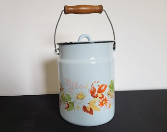 Vintage Porzellan Emaillierter Flüssigbehälter, Milchkessel, Metallbehälter mit Deckel, Vintage Küchendekor, Hellblau, Blumenmotive
