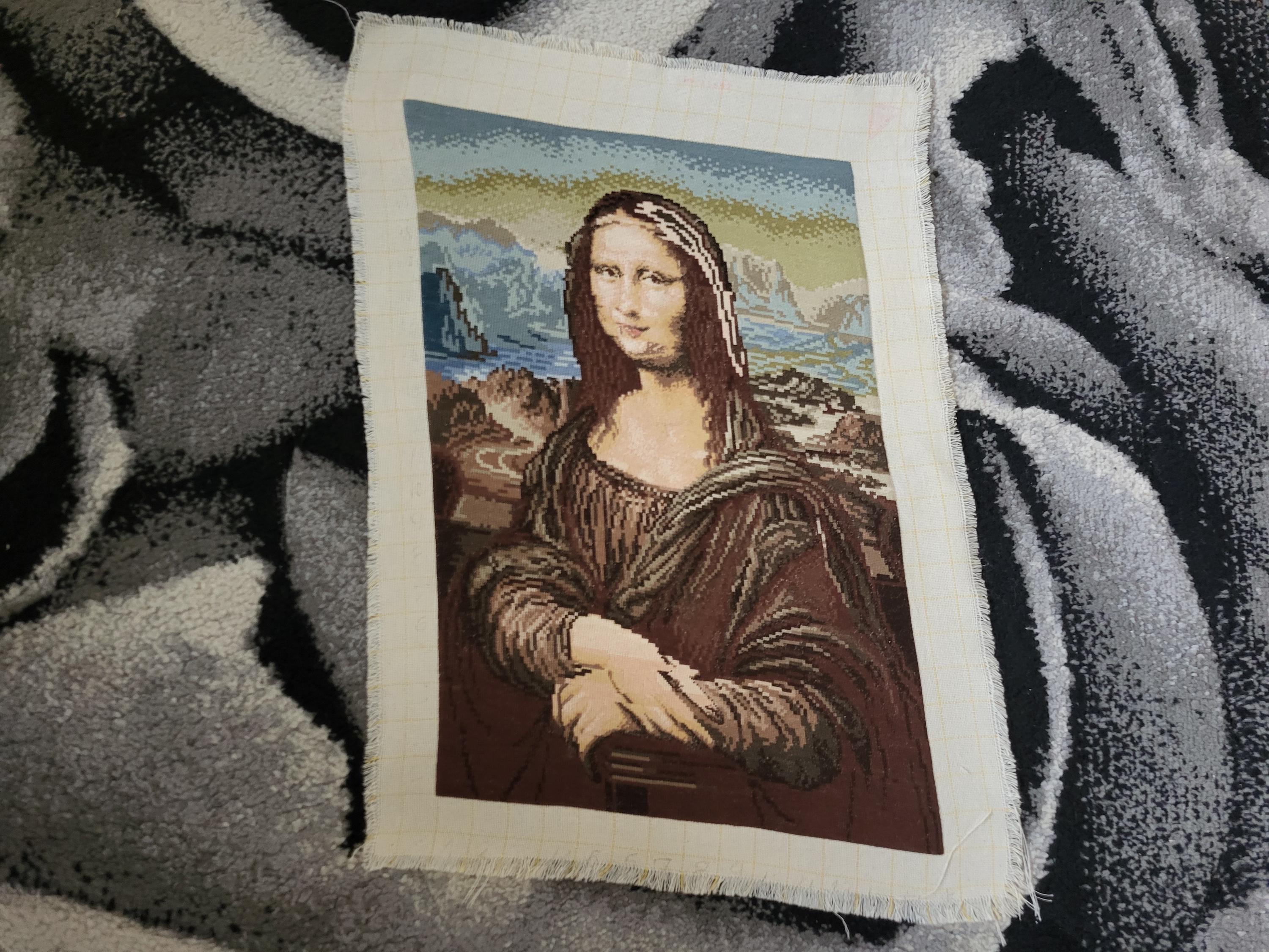 Hand-Embroidered Masterpiece Tapestry – Mona Lisa | 18.5" x 12.6" (47x32cm) | Premium DMC Threads | Rare Unframed Needle Art | Free US Shipp
