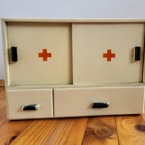 Retro wall medicine cabinet, Home medicine cabinet, Wooden medicine cabinet, Wall medicine cabinet, White medicine cabinet, Red Cross,
