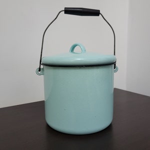 Vintage Porcelain Enamel Liquid Container , Metal Storage Container , Egg Boiler , 4 Liter, Blue Green Kettle, Boiling Vessel, CookingVessel