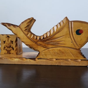 Vintage 1970's Greek Fish Shaped Wooden Napkin Holder with,Retro Table Decor,Embossed Napkin Holder,Wooden Stand,Antique Decor