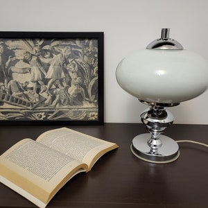 Vintage Luxury Bedside Lamp, Designer Vintage Lamp, White Milk Glass and Metal Lamp, 1970s, Vintage Bedside Lighting, for Her, for a Gift