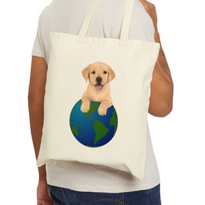 Labrador tote, Labrador bag, Lab puppy on world ball, Yellow Labrador tote bag, lab canvas tote, Project craft bag, reusable tote bag