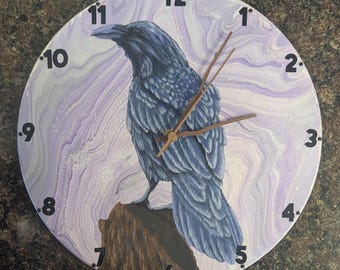Raven purple upcycled record art, wall decor, handmade raven clock