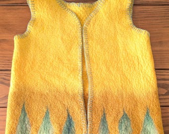 Handmade Yellow Ombre Wetfelt Wool Vest | Leaf Pattern | Blanket Stitch Edges | Child Size 5/6 | Unique Felted Kids Clothing
