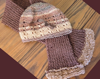 Rust Brown Child Hat and Scarf Set, Size 6–10, Variegated Cream to Brown Hat, Soft Fluffy Scarf Ends, Acrylic Yarn, Handmade Gift