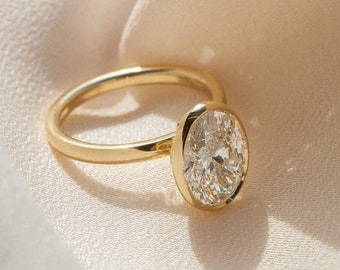 Anello di fidanzamento ovale in Moissanite in oro giallo massiccio 14K Anelli per anniversario Set di castoni Anello di promessa Anello di diamanti per donne, Anello solitario ovale