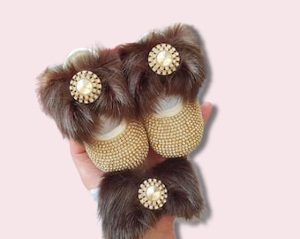 Handmade Rhinestone Faux Fur Baby Booties and Headband Set