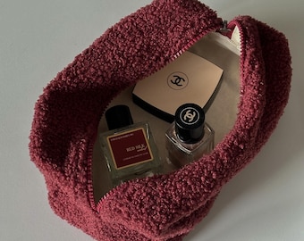 Boho Handmade Makeup Bag, Burgundy Fluffy Cosmetic Pouch, Teddy Makeup Bag, Travel Makeup Organizer Bag