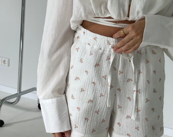 Double Gauze Floral Boho Style Women's Shorts, Cotton Loungewear, Cute Nightwear, Loungewear Wife, Mom, Friend, Sexy Dress for Women