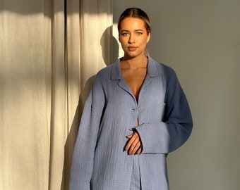 Women's Loungewear Set, Oversized Cotton Shirt and Shorts with Pockets, Nightwear for Women, Sleepwear, Loungewear Set for Wife, Mom, Sister
