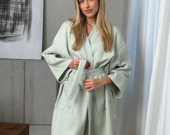 Kimono Bathrobe, Waffle Bathrobe Womens, Cotton Bathrobe, Cotton Waffle Robe, Wedding Robe, Summer Bathrobe, Anniversary Gifts for Her